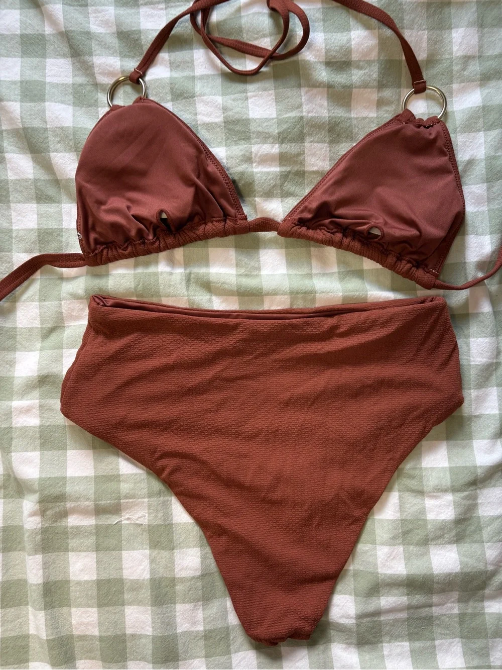Textured Terracotta Rust Orange-Brown High-Waisted O-Ring Bikini Set